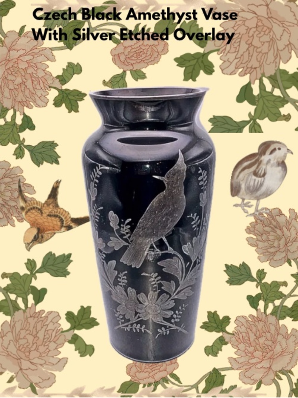 Black opaque glass vase, etched design of a crested 🕊️perched on a floral branch